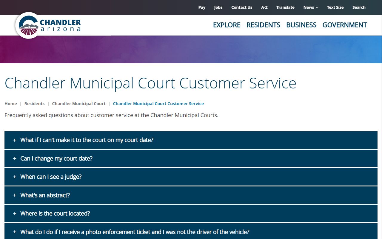 Chandler Municipal Court customer service page with contact information