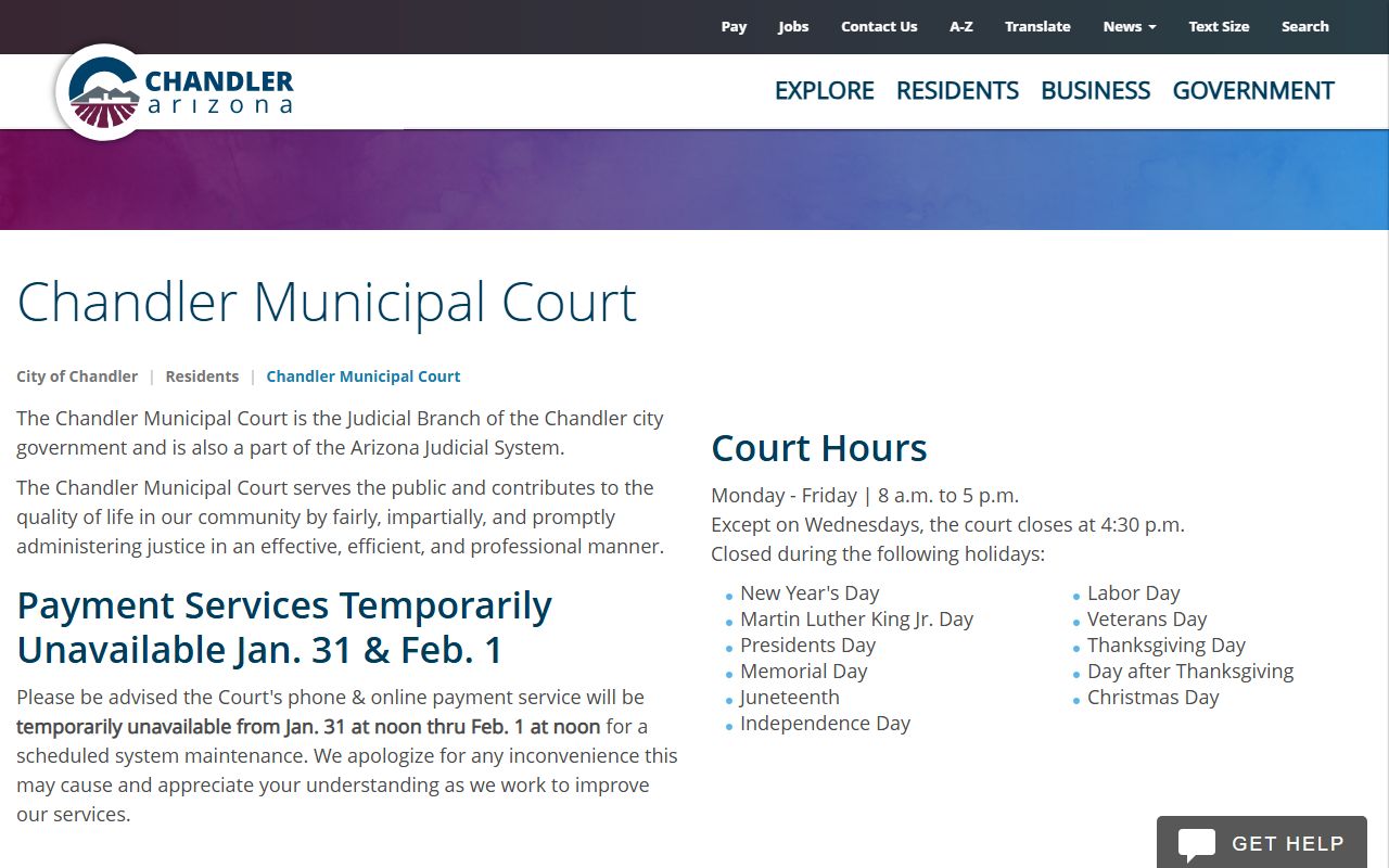 Chandler Municipal Court website showing court information and services