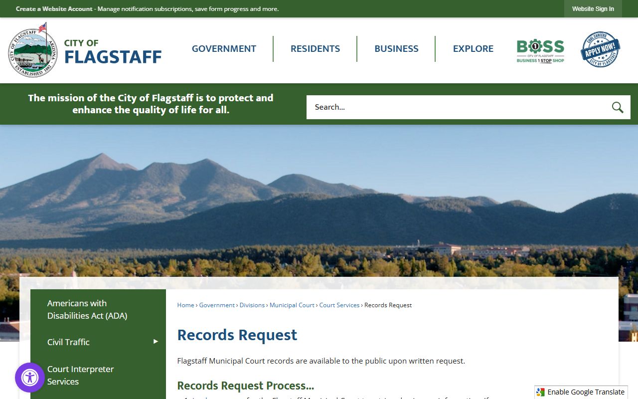 Flagstaff city records request page showing fees and processing times