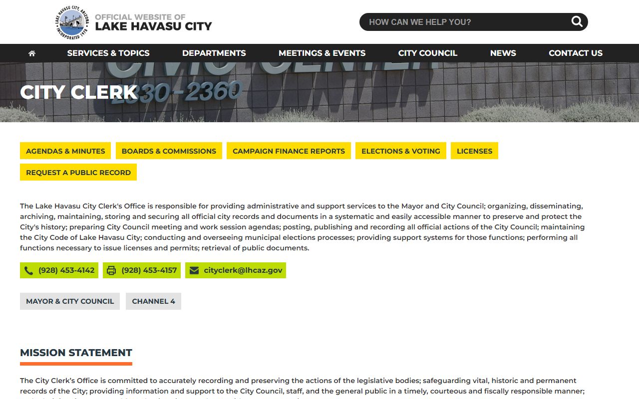 Lake Havasu City Clerk website for city government records in Lake Havasu City Arizona