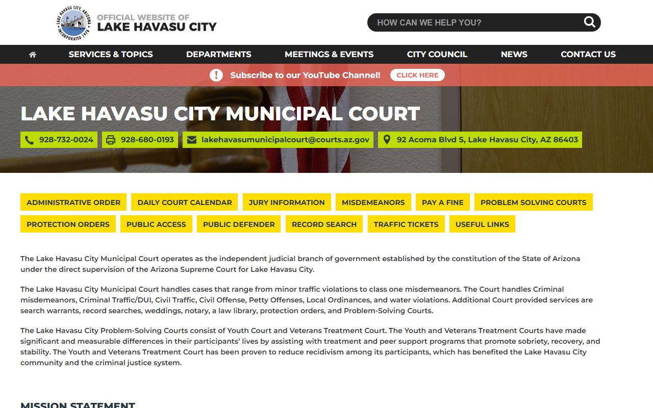 Lake Havasu City Municipal Court website showing court services in Lake Havasu City Arizona