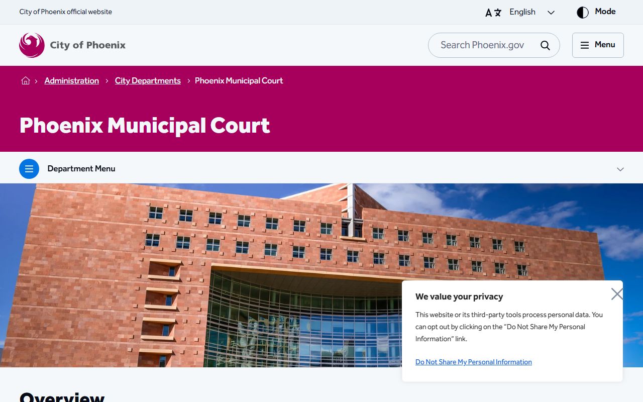Phoenix Municipal Court website showing court services