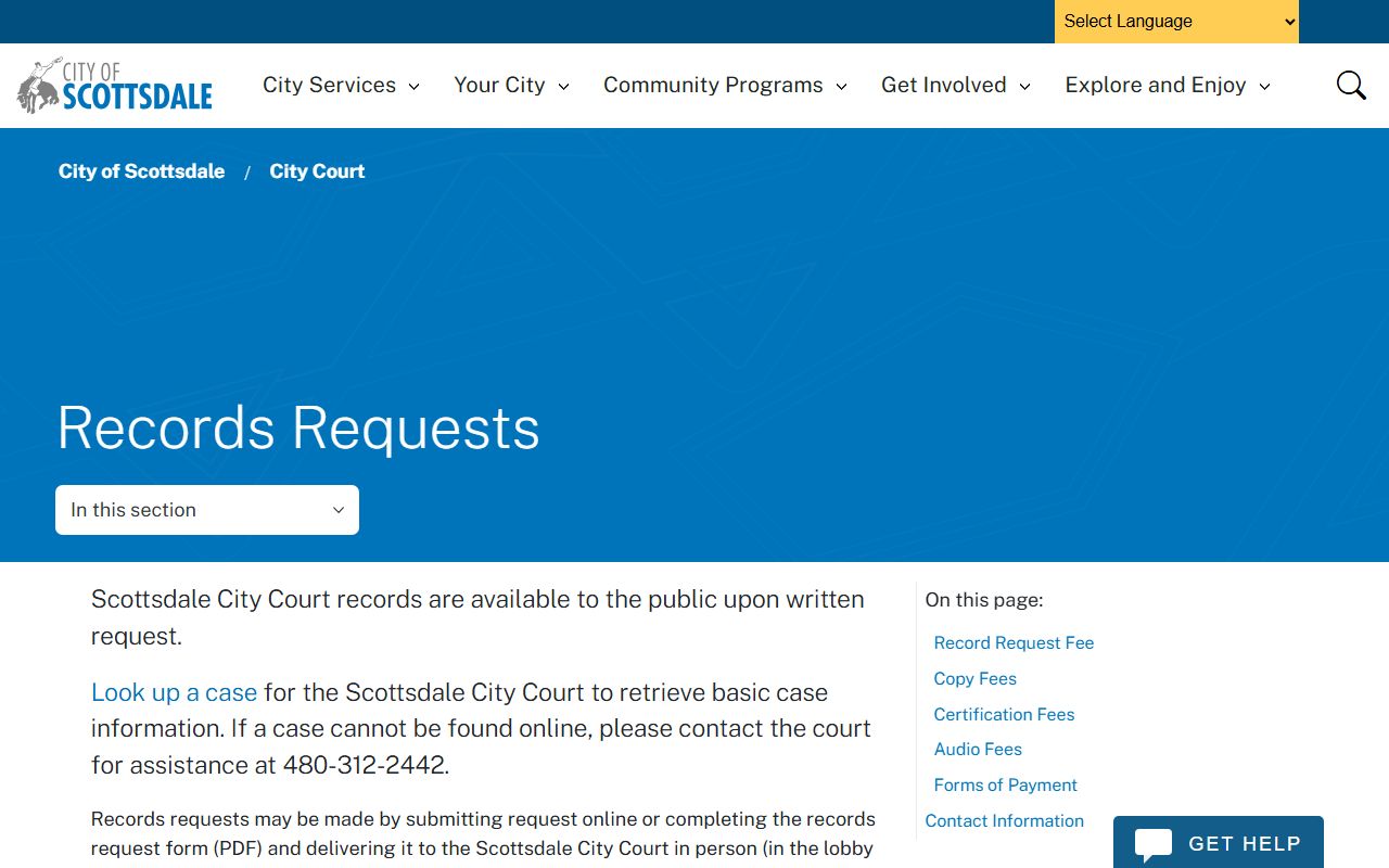 Scottsdale City Court records request page showing fees and procedures