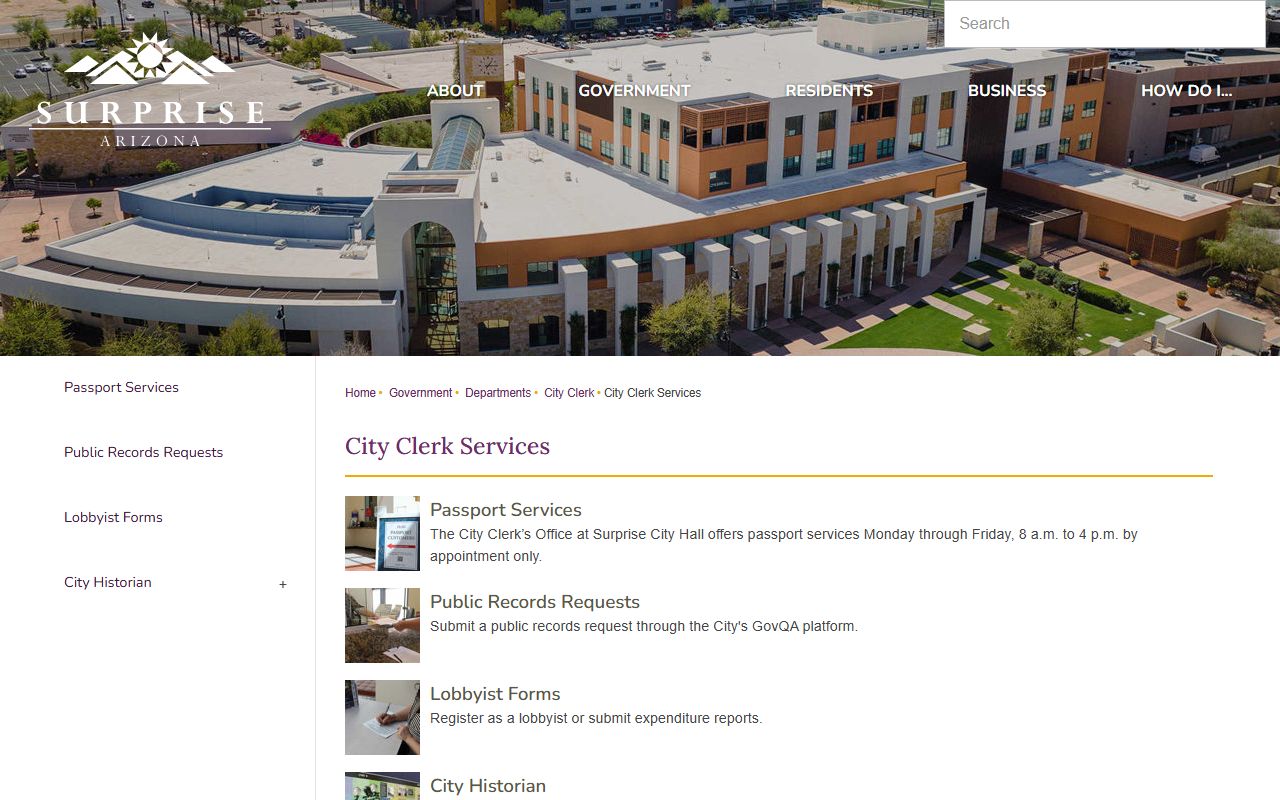 Surprise City Clerk Services page for city records and public requests
