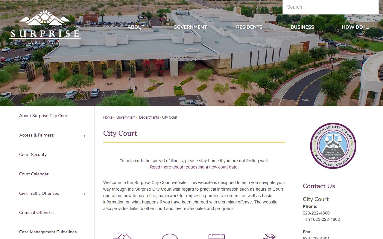 Surprise City Court website showing court services for Surprise residents