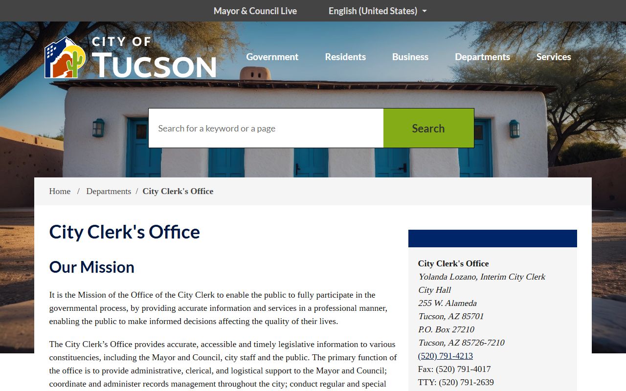 Tucson City Clerk website for city of Tucson government records