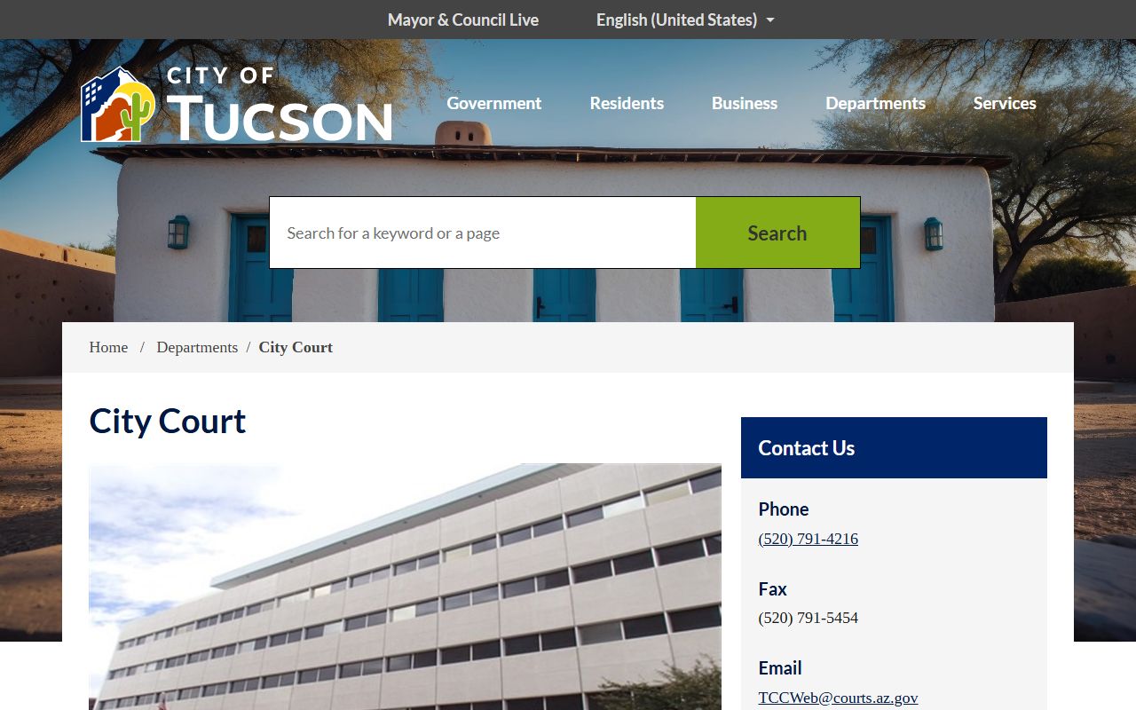 Tucson City Court website showing case types handled in Tucson Arizona