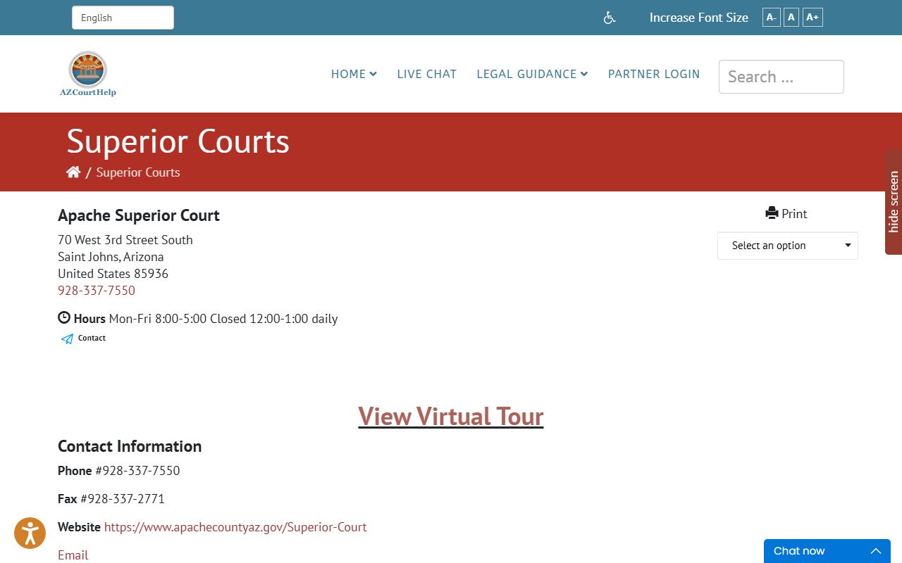 AZ Court Help directory page for Apache County Superior Court