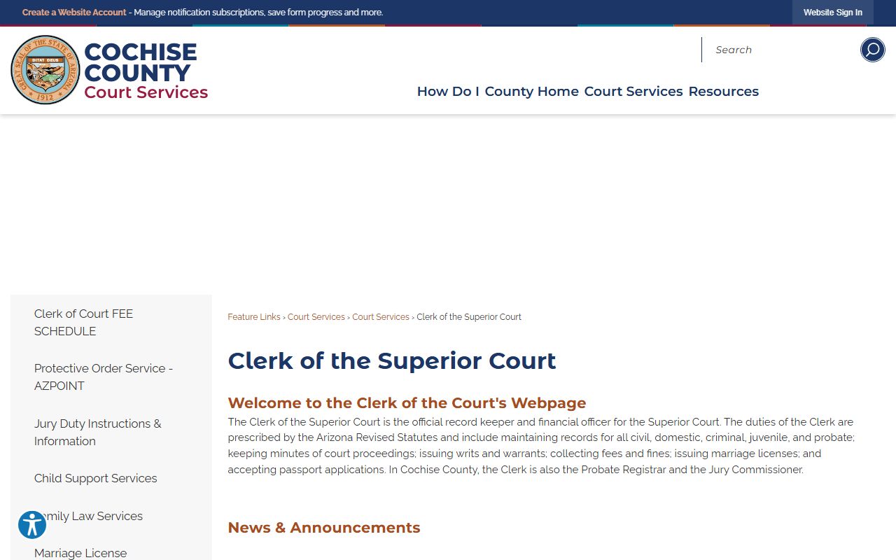 Cochise County Superior Court Clerk office contact information and services