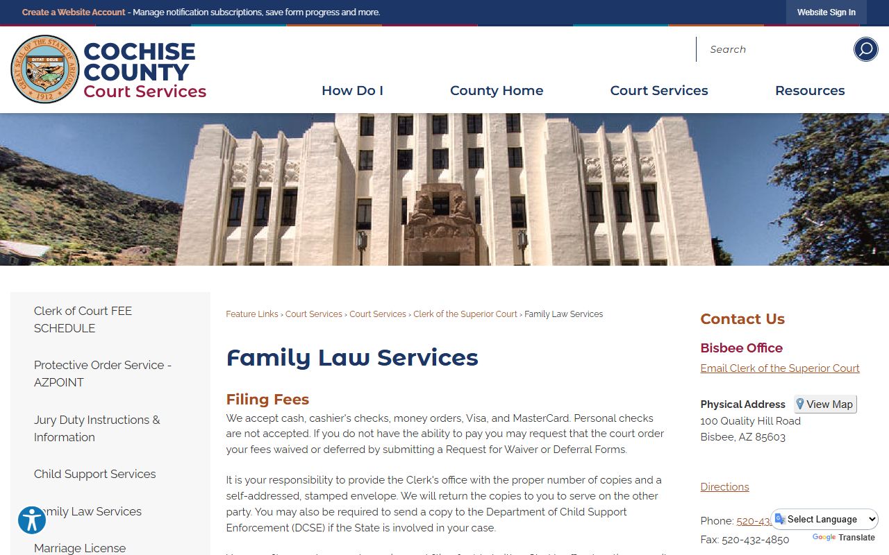 Cochise County Family Law Services page showing filing procedures and payment methods