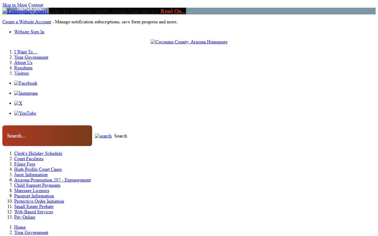 Coconino County Clerk of Superior Court main page showing contact information