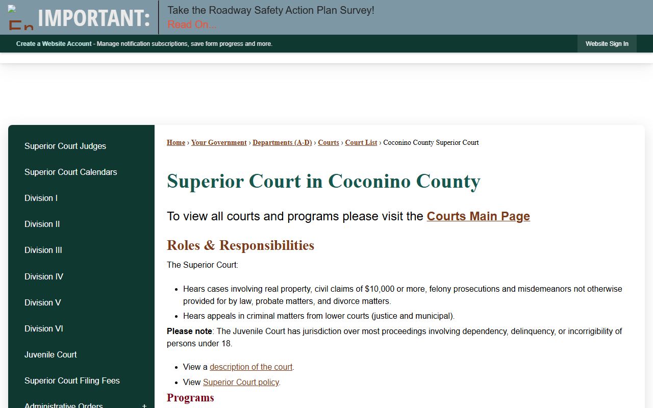 Coconino County Superior Court main page with court information