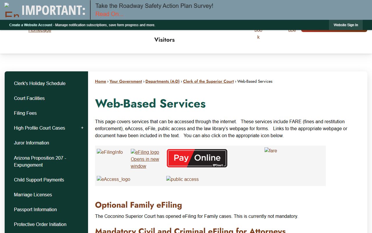 Coconino County web-based services page showing eFiling options