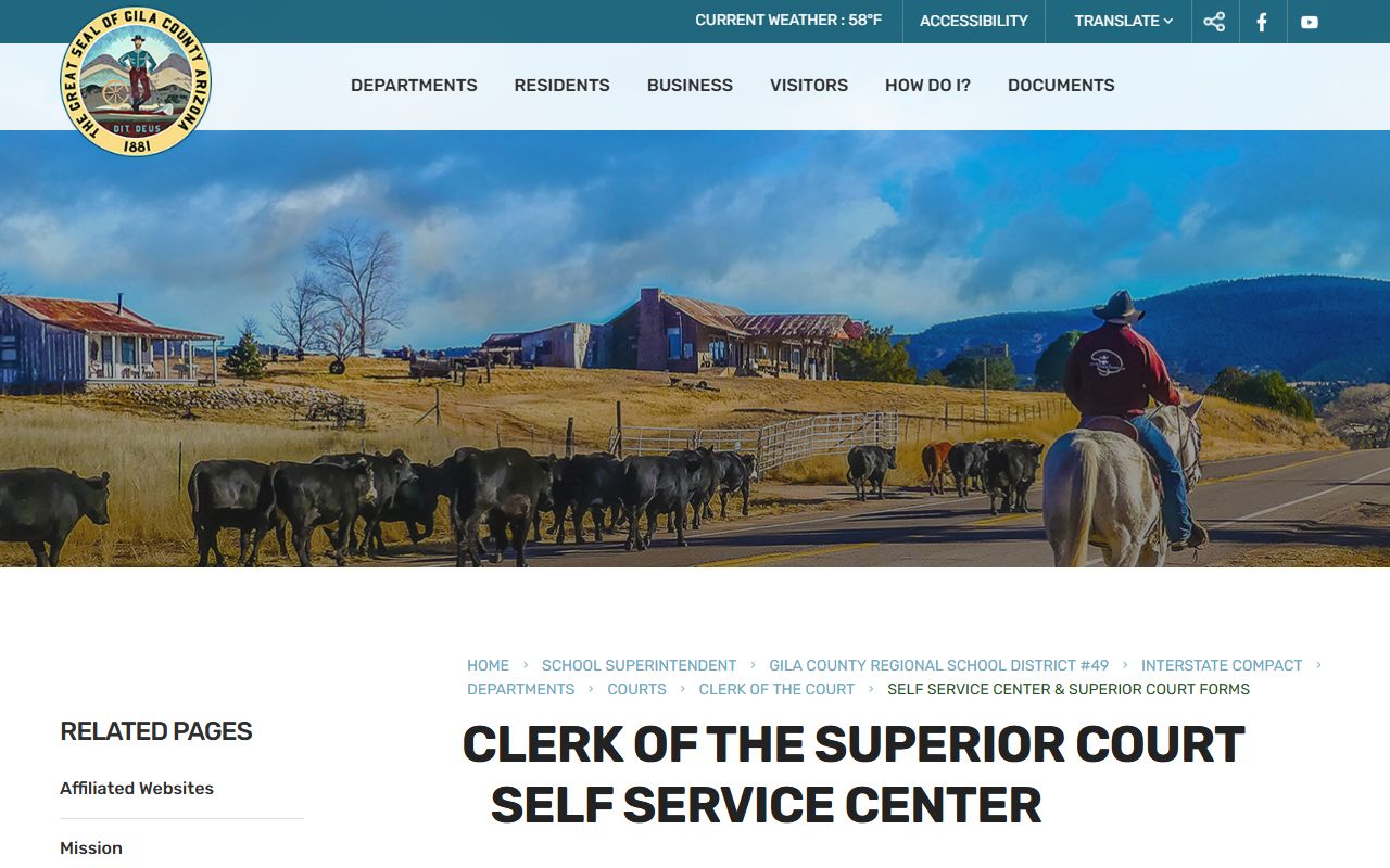Gila County Superior Court self-service page for family court forms