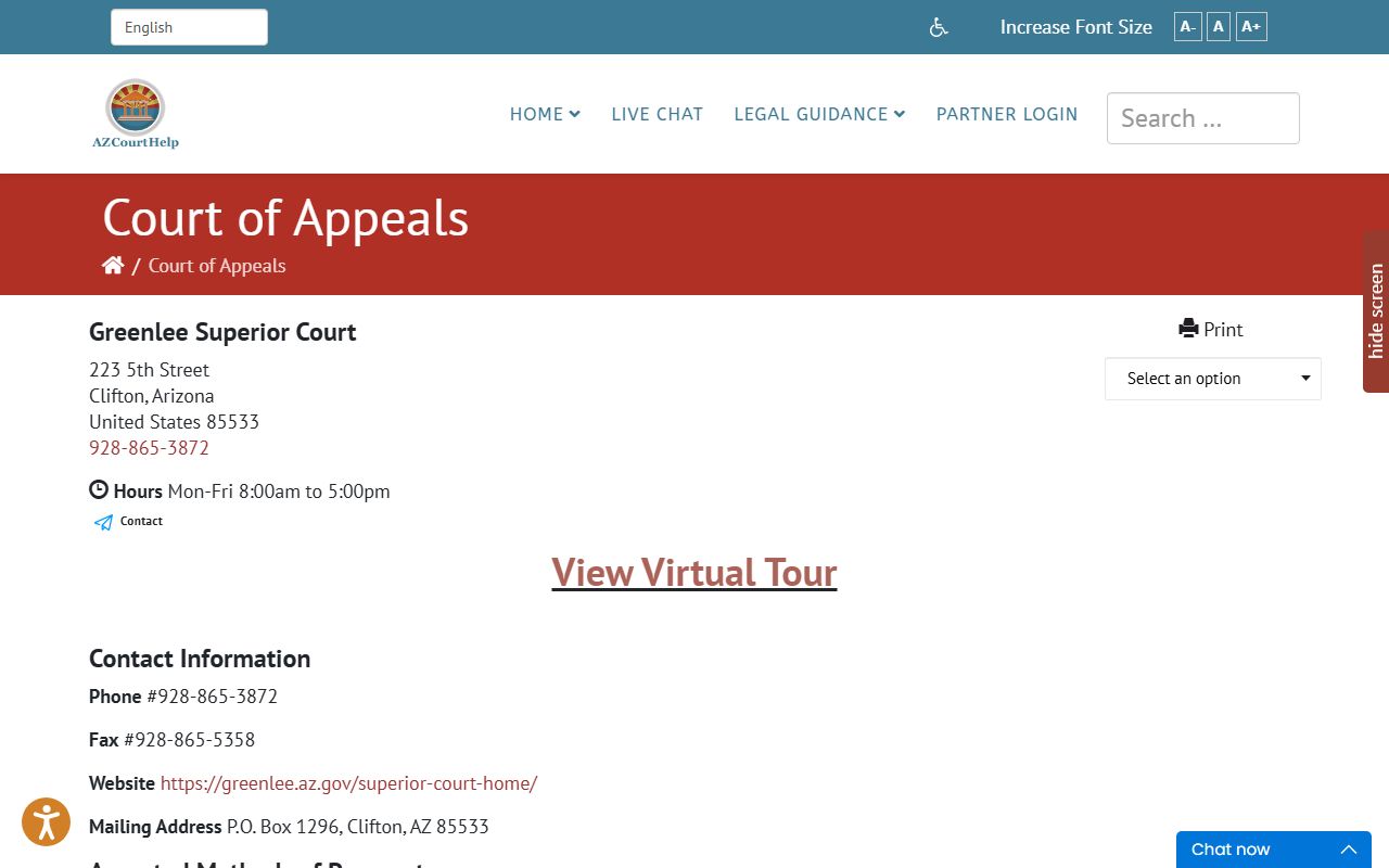 AZ Court Help directory page for Greenlee County Superior Court