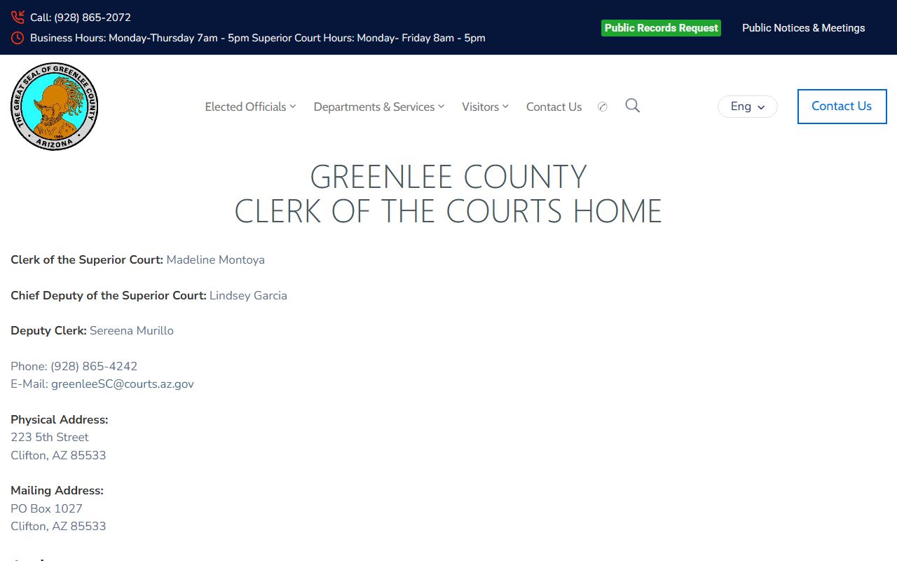 Greenlee County Clerk of the Superior Court website showing contact information and office hours