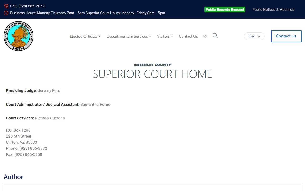 Greenlee County Superior Court website homepage with court information