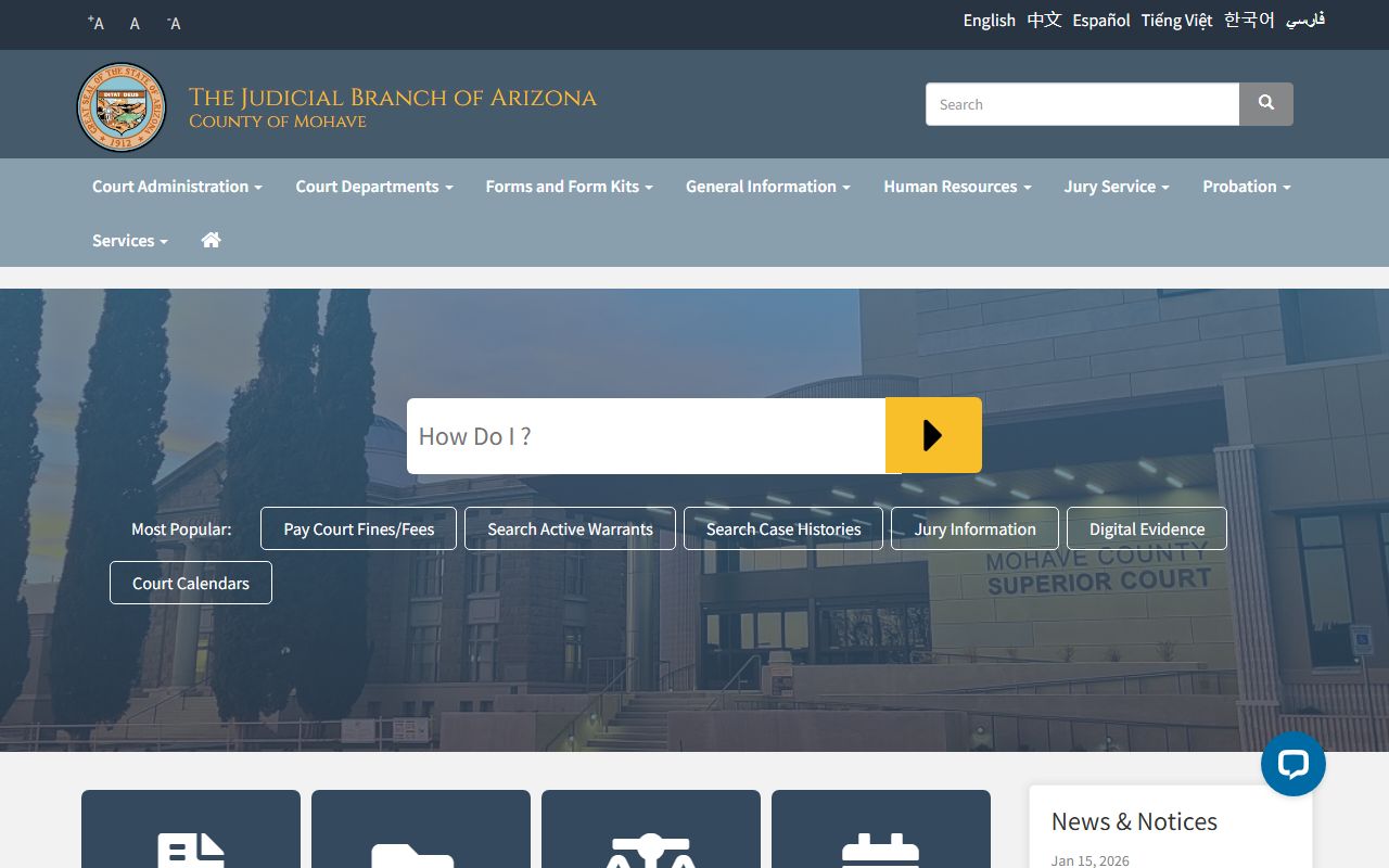 Mohave County Courts main website showing court departments and services