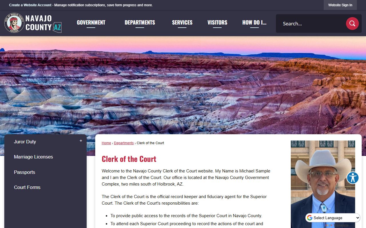 Navajo County Clerk of the Court official webpage for family court records