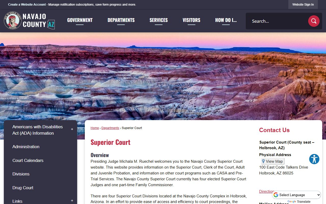 Navajo County Superior Court main page for family law filings