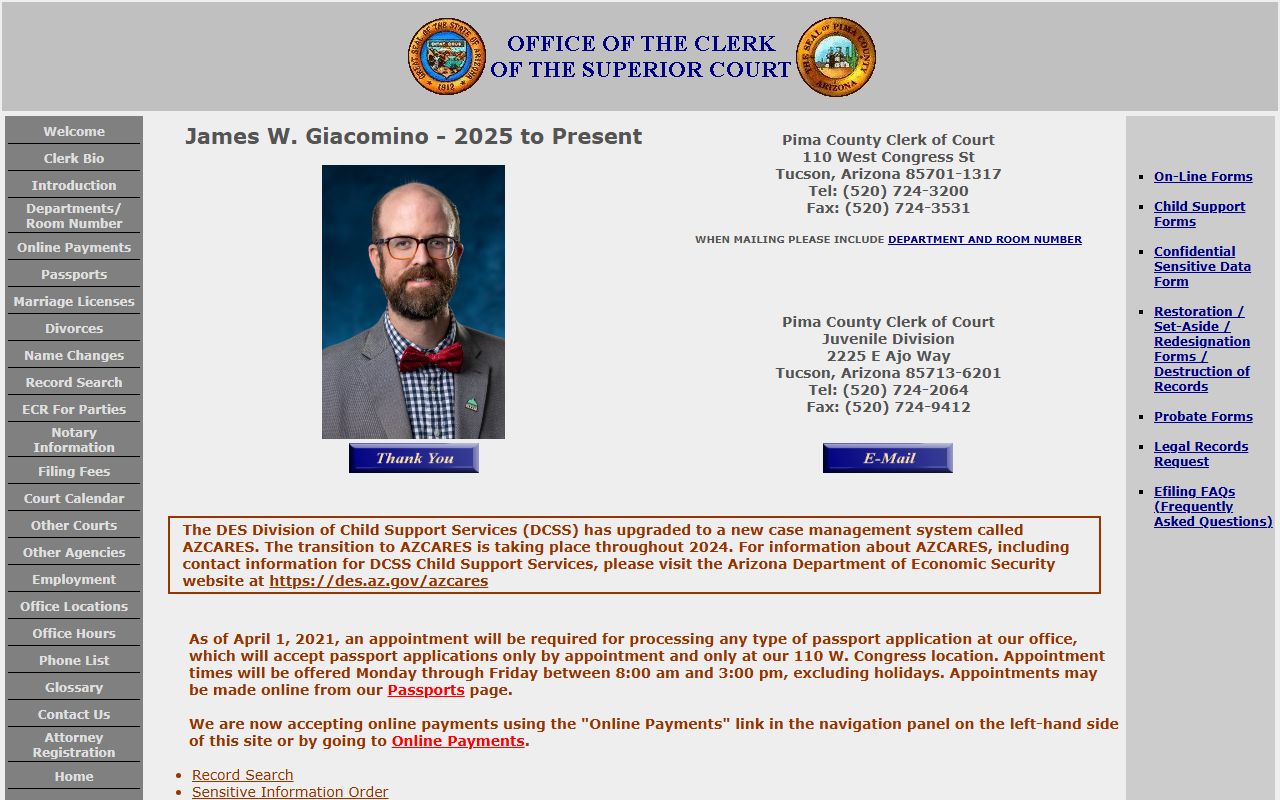Pima County Clerk of Superior Court homepage for family court records