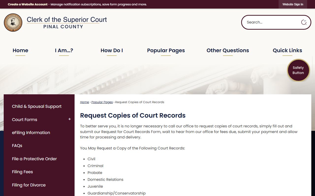 Pinal County Superior Court records request page showing how to obtain family court documents