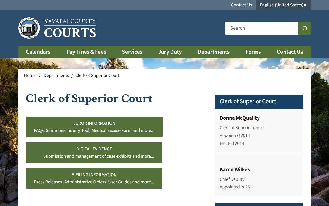 Yavapai County Superior Court Clerk Department main page