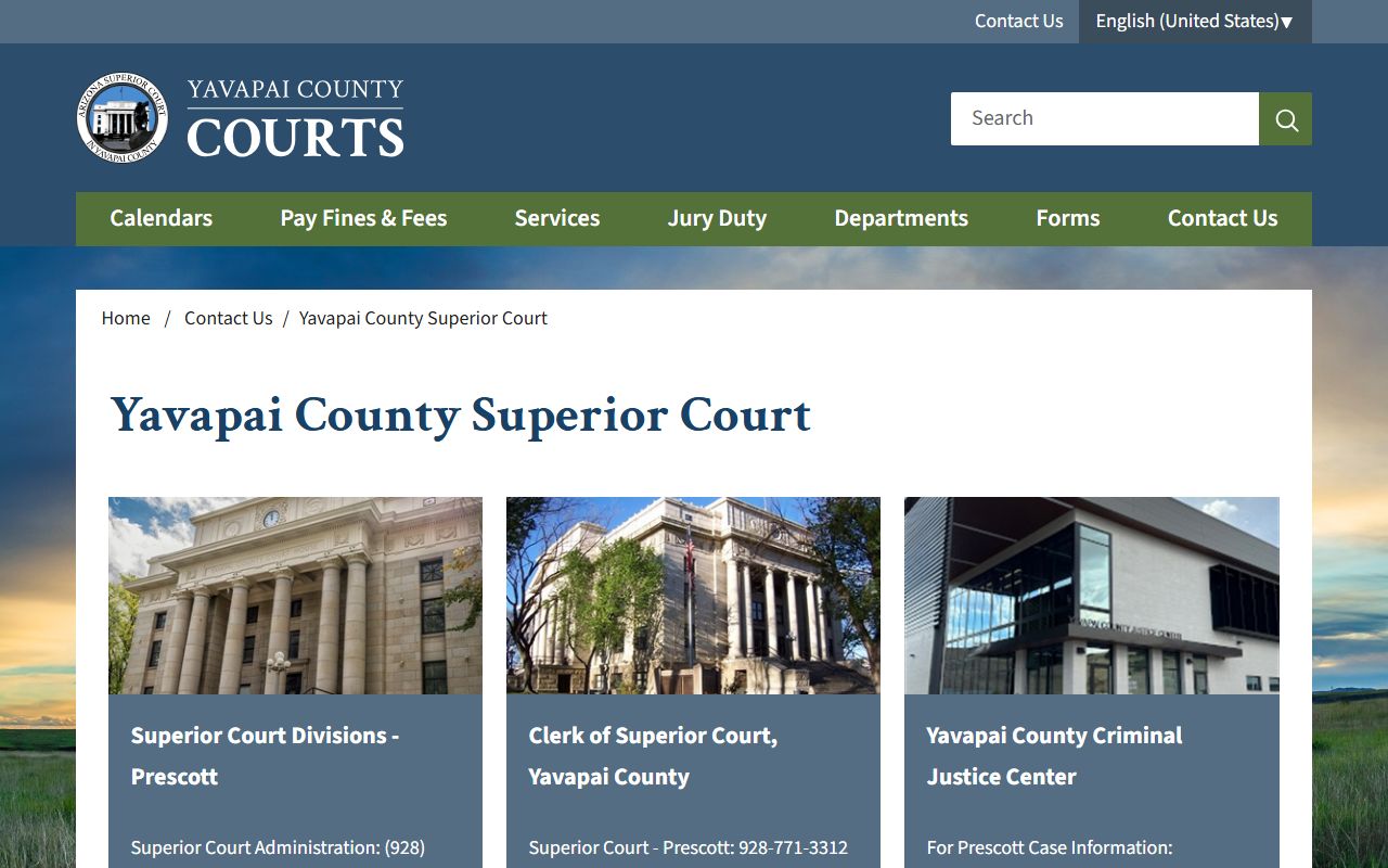 Yavapai County Superior Court contact page with family court locations