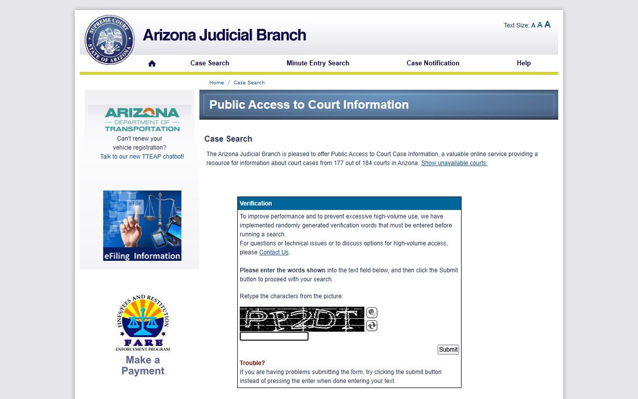 Arizona Courts Public Access Portal for searching family court records