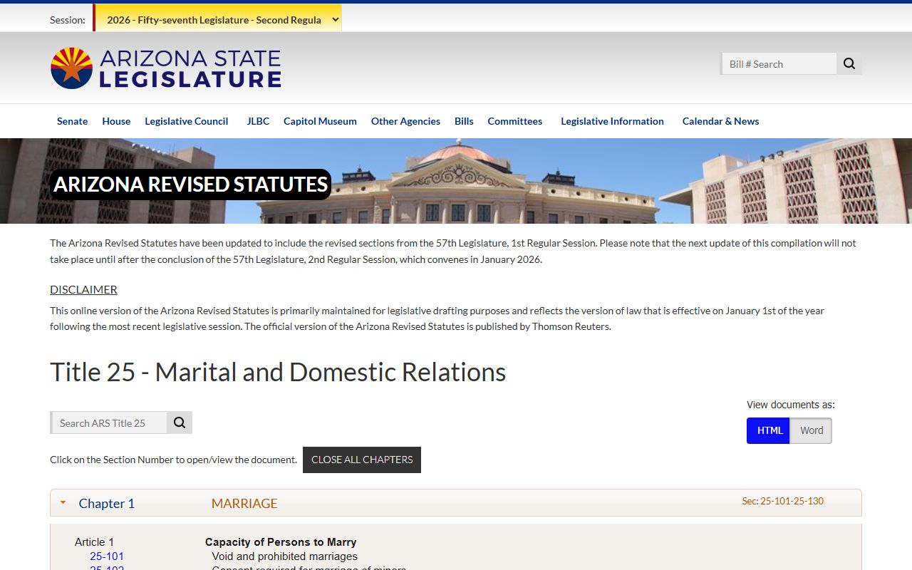 Arizona Revised Statutes Title 25 covering family law