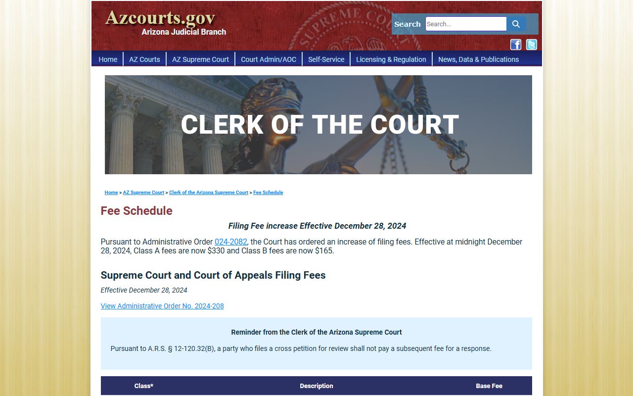 Arizona Courts fee schedule for family court filings